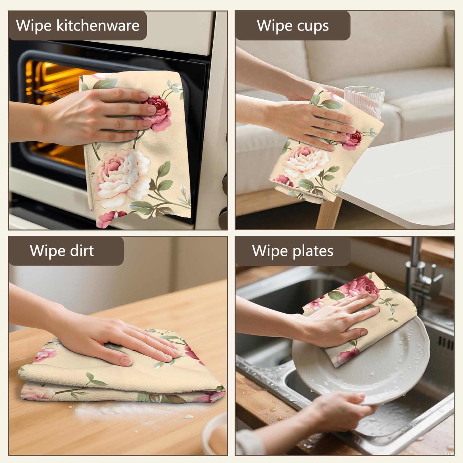 6 Pcs Funny Kitchen Towels,Pioneer Flower Floral Print Pattern Microfiber Dish Towels,Kitchen Tea Towels,Kitchen Towel Set (18" X 26")