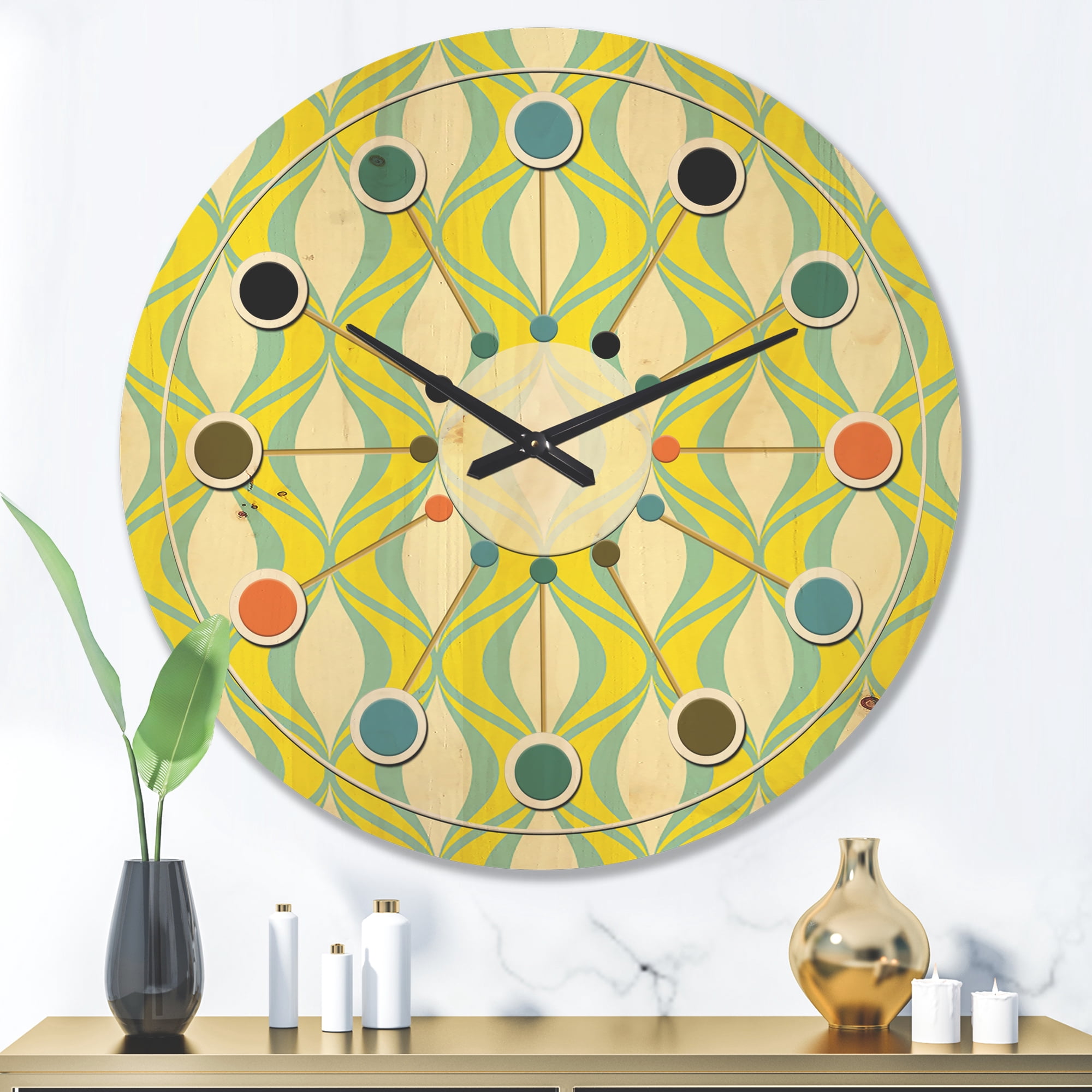 Designart 'Abstract Retro Geometrical Design Pattern III' Mid-Century Modern Wood Wall Clock