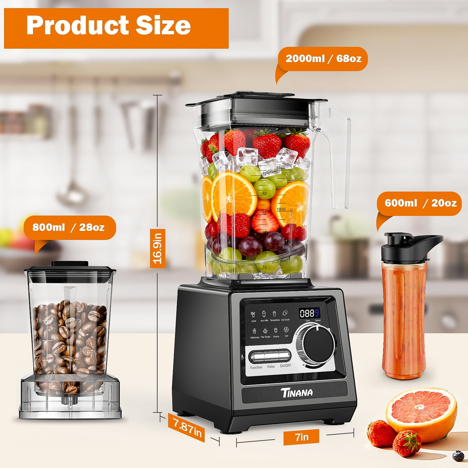 TINANA 1800W Countertop Blender and Grinder Combo, 68 oz Smoothie Maker with 27 oz Coffee Grinder, Ice Crusher, Frozen Fruit, Black