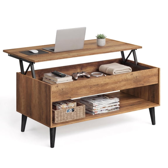 Lift Top Coffee Table, Convertible Center Table With Hidden Storage Compartment, Open Storage Shelf, Gas Spring Mechanism, Mid Century Modern Table For Living Room Office, Honey Brown