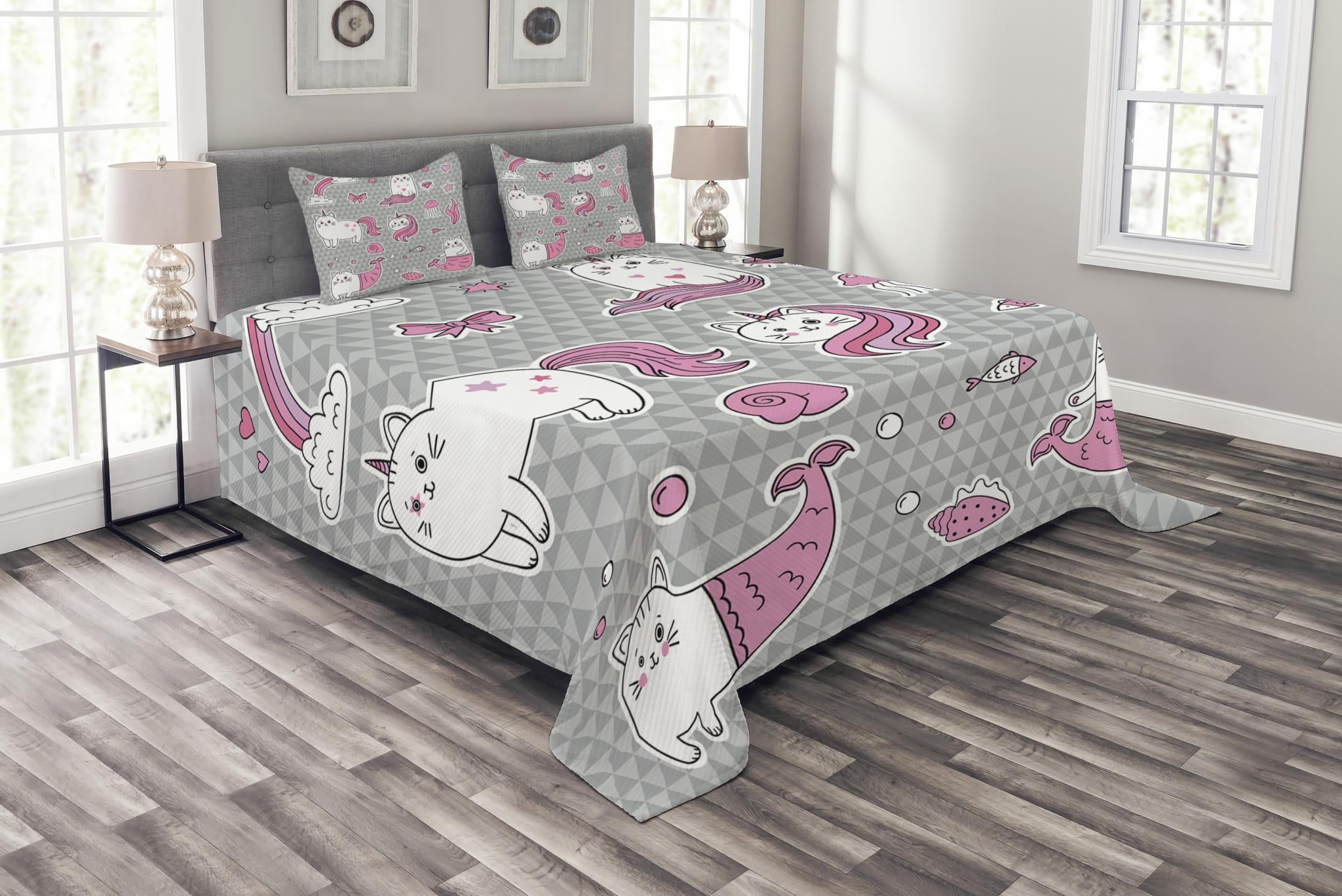 Unicorn Cat Bedspread Set, Cute Cat Unicorn and Mermaid Fishes Bubbles