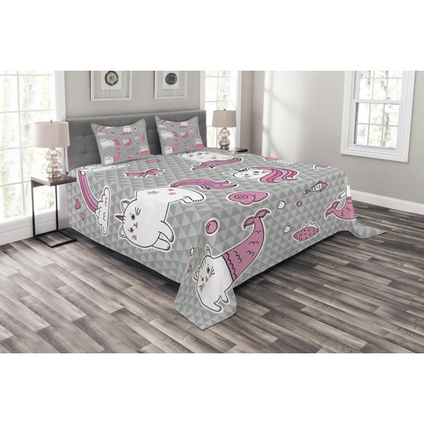 Unicorn Cat Bedspread Set, Cute Cat Unicorn and Mermaid ...