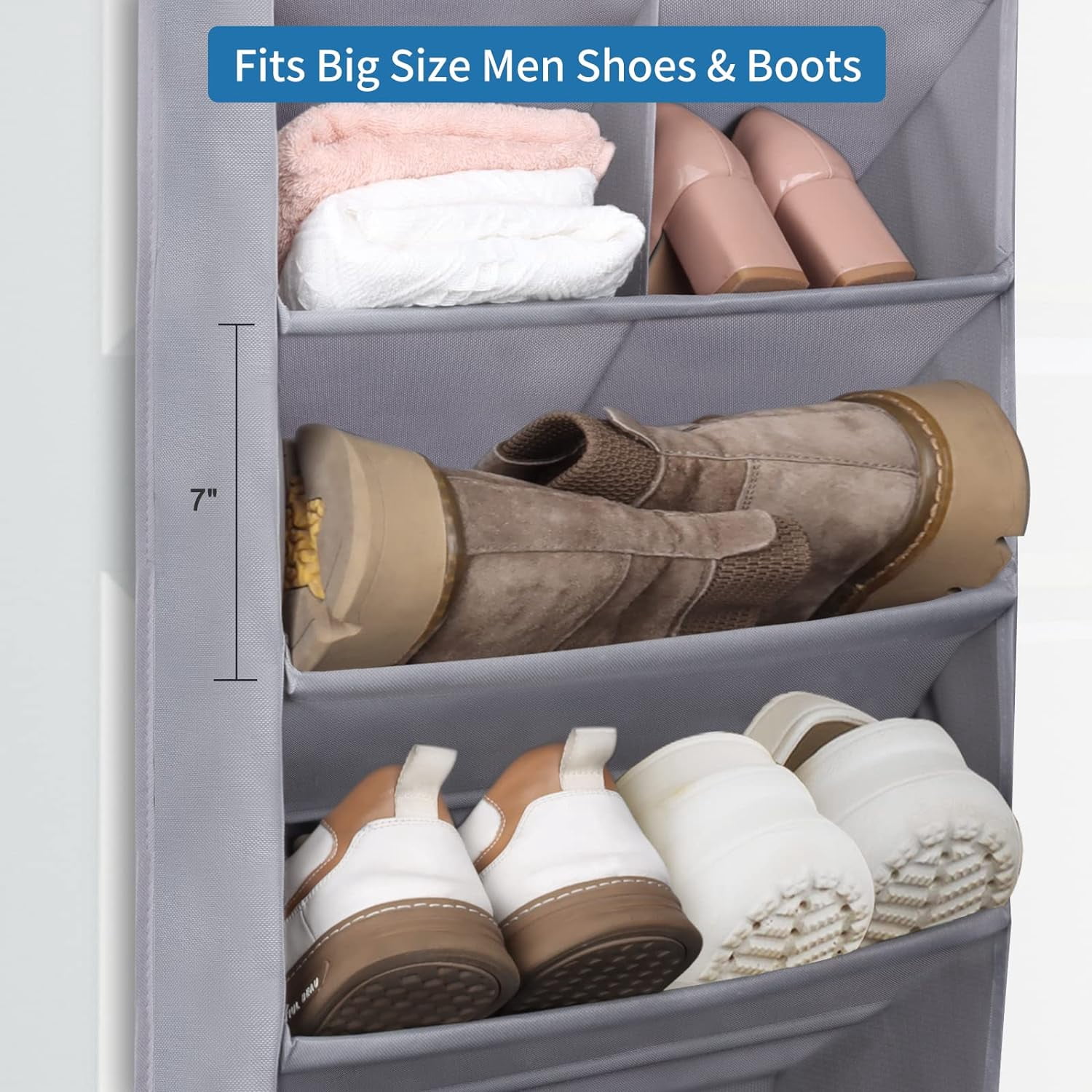 LEUCHTAMOR 9 Pocket Shoe Organizer over the Door, 6 Tiers Large Deep Pockets Door Shoe Rack with 3 Hooks 15 Pairs Shoe Organizer for Shoes,Grey