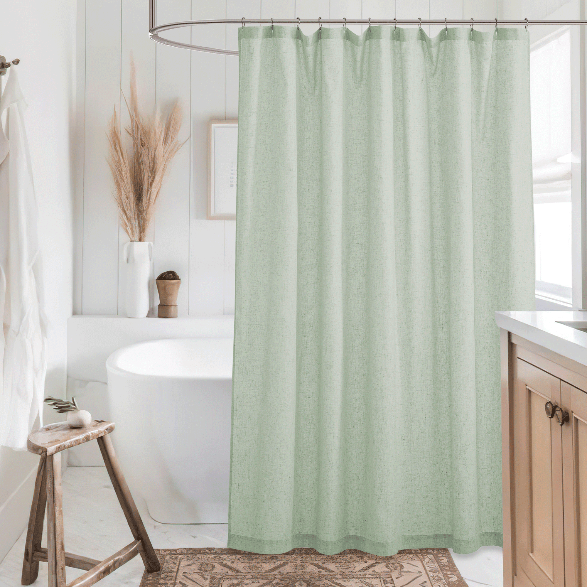 NICETOWN Linen Shower Curtain Semi Sheer Lightweight Button Hole Half Privacy Quick Dry Shower Curtains for Bathroom Bathtub Decor, Sage Green, 72"x90", Hooks Included