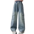 thumbnail image 2 of Crunowin Girls Denim Cargo Pants Straight Wide Leg School & Play Wear Soft Fabric Trendy Street Jeans Navy Size 46275, 2 of 7