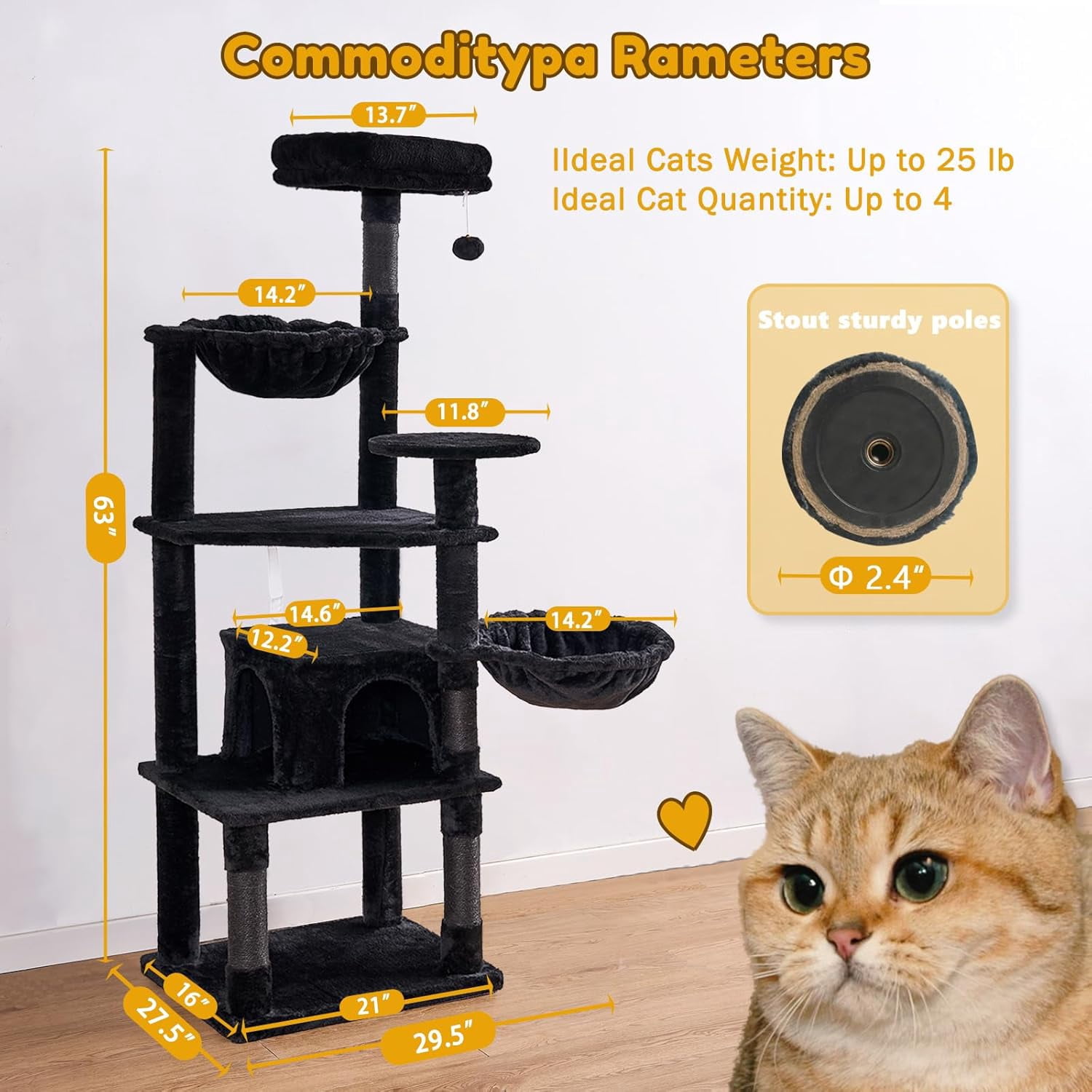 GOXIFACHOY Tall Cat Tree,63in Multi-Level Cat Tower for Indoor Cats Large Adult,Gothic Cat Stand with Scratching Posts,Basket,Condo,Plush Perch,Cats Toys for Climbing,Interactive and Hidden,Black