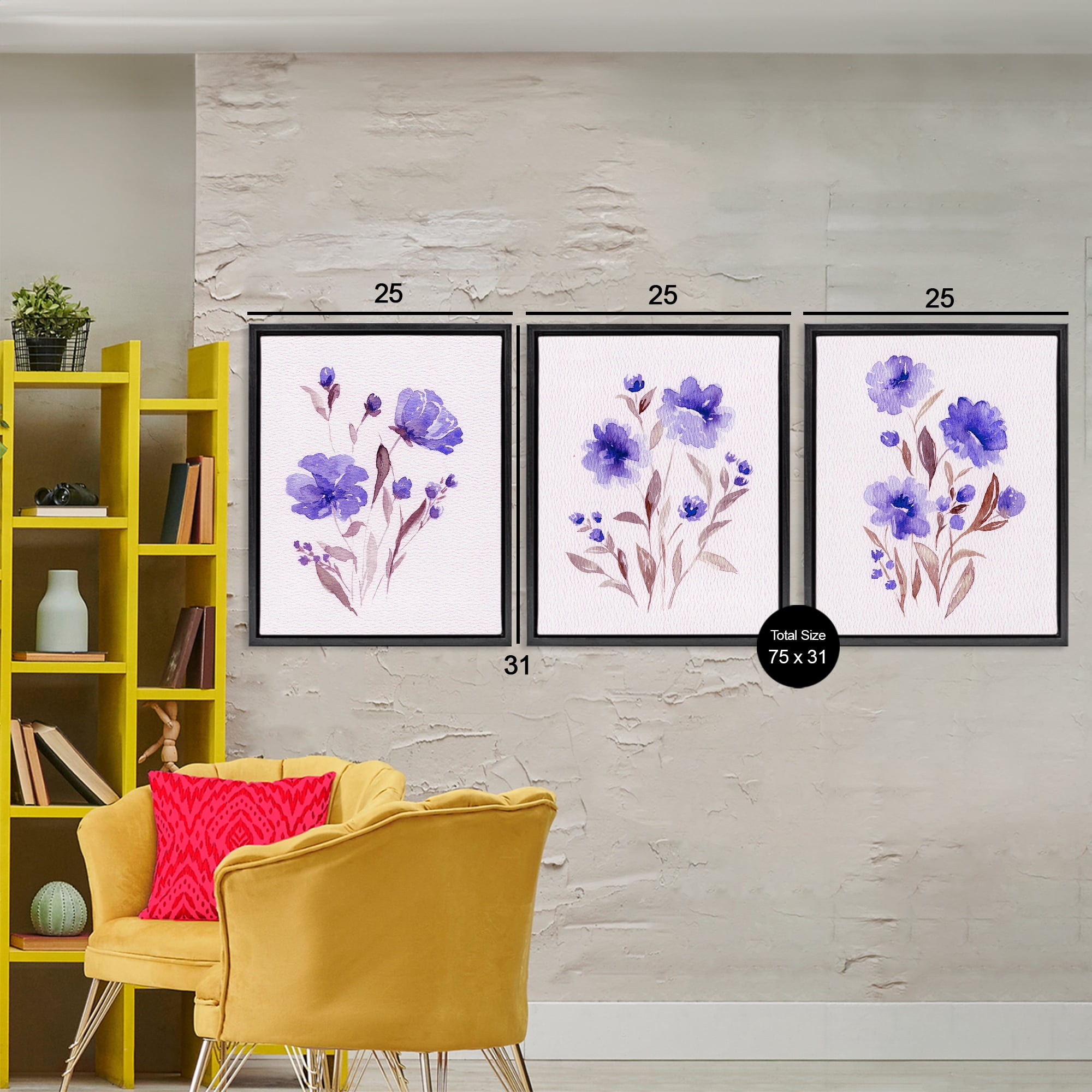 Stupell Industries Watercolor Purple Blooms 3 Piece Black Framed Floater Canvas Set, design by Leah Noel Art