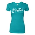 thumbnail image 2 of Enjoy Jesus Christ and Thou Shalt Never Thirst Coke Parody | Womens Inspirational/Christian Slim Fit Junior Tee, Tahiti Blue, Small, 2 of 3