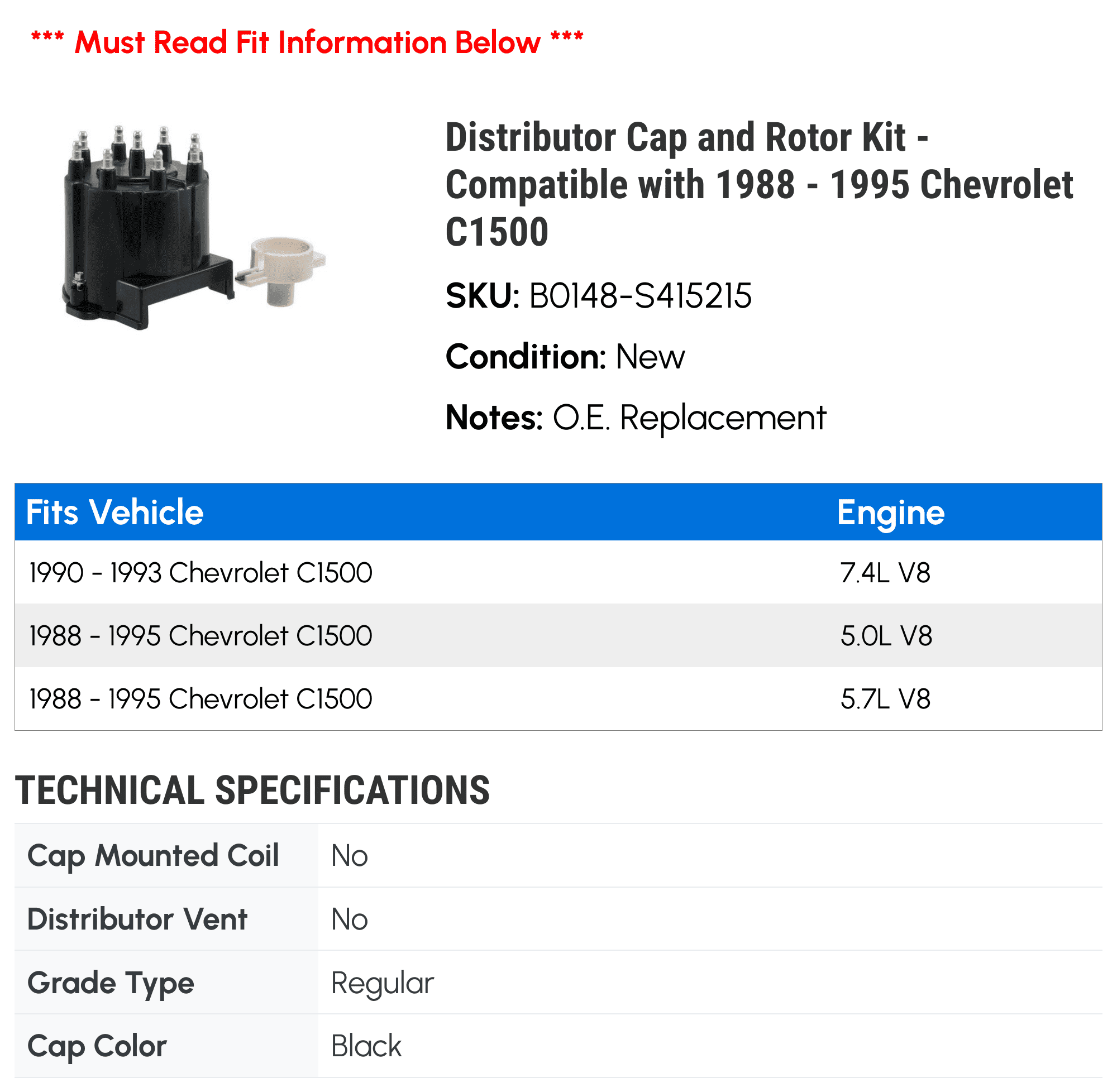 Distributor Cap and Rotor Kit - Compatible with 1988 - 1995 Chevy C1500 1989 1990 1991 1992 1993 1994