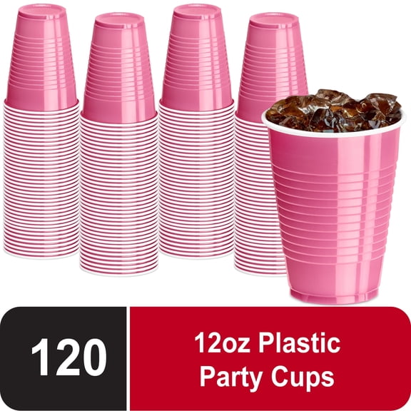DecorRack 120 Count Pink Disposable Plastic Cups, 12 fl oz Party Drinking Cups, Recyclable & Durable, Pink (Pack of 120)