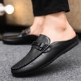 thumbnail image 3 of Men's Black Smooth Leather Backless Mule Loafers, Metal Buckle Slip On Flat Driving Slides, 3 of 4