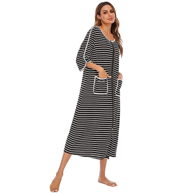 Langgg Robe de Nuit en Polyester pour Femmes Col Rond Fermeture Éclair Respirante Cardigan Maison Bureau Robe de Nuit Vêtements de Nuit Noir P