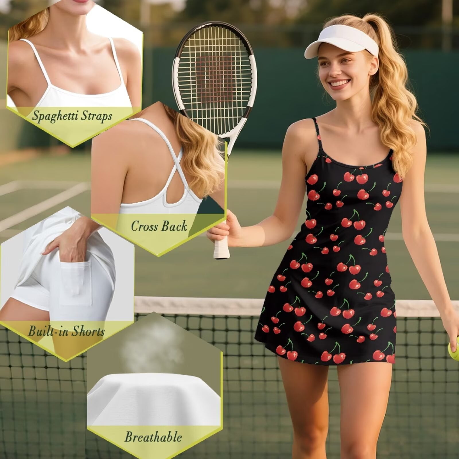 Yuyamidu Cherry Womens Tennis Dress Built in Shorts Spaghetti Straps Cute Exercise Workout Dress with Pockets Golf Athletic Dresses for Women Size M