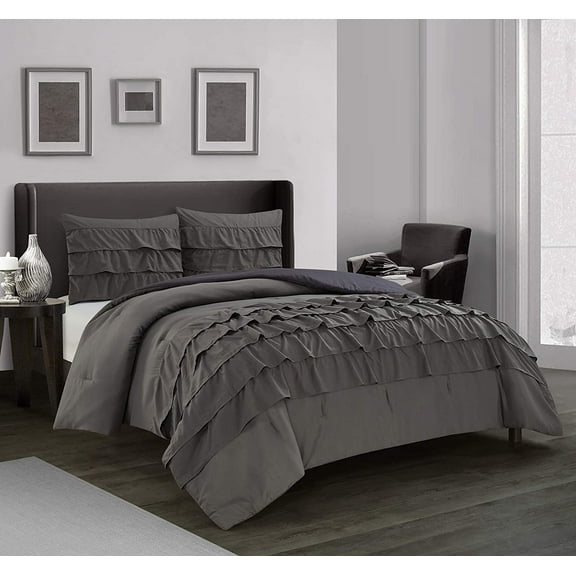 Heritage Kids Ruby Ruffle 3 Piece Comforter Set, Queen, Grey