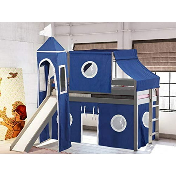 JACKPOT! Castle Low Loft Bed with Slide Blue & White Tent and Tower, Loft Bed, Twin, Gray