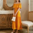 thumbnail image 3 of Vacation Dress Solid Color Off Shoulder Casual Solid Color Beach Long Dress, Yellow, S, 3 of 6