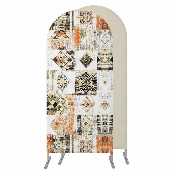 5FT Arch Backdrop Covers, Ethnic Patchwork Wedding Arch Cover Stretchy, Rustic Vintage Boho Orange Grey Grid Chiara Arches Backdrop Stand Covers for Birthday Baby Shower Party Banquet Decor