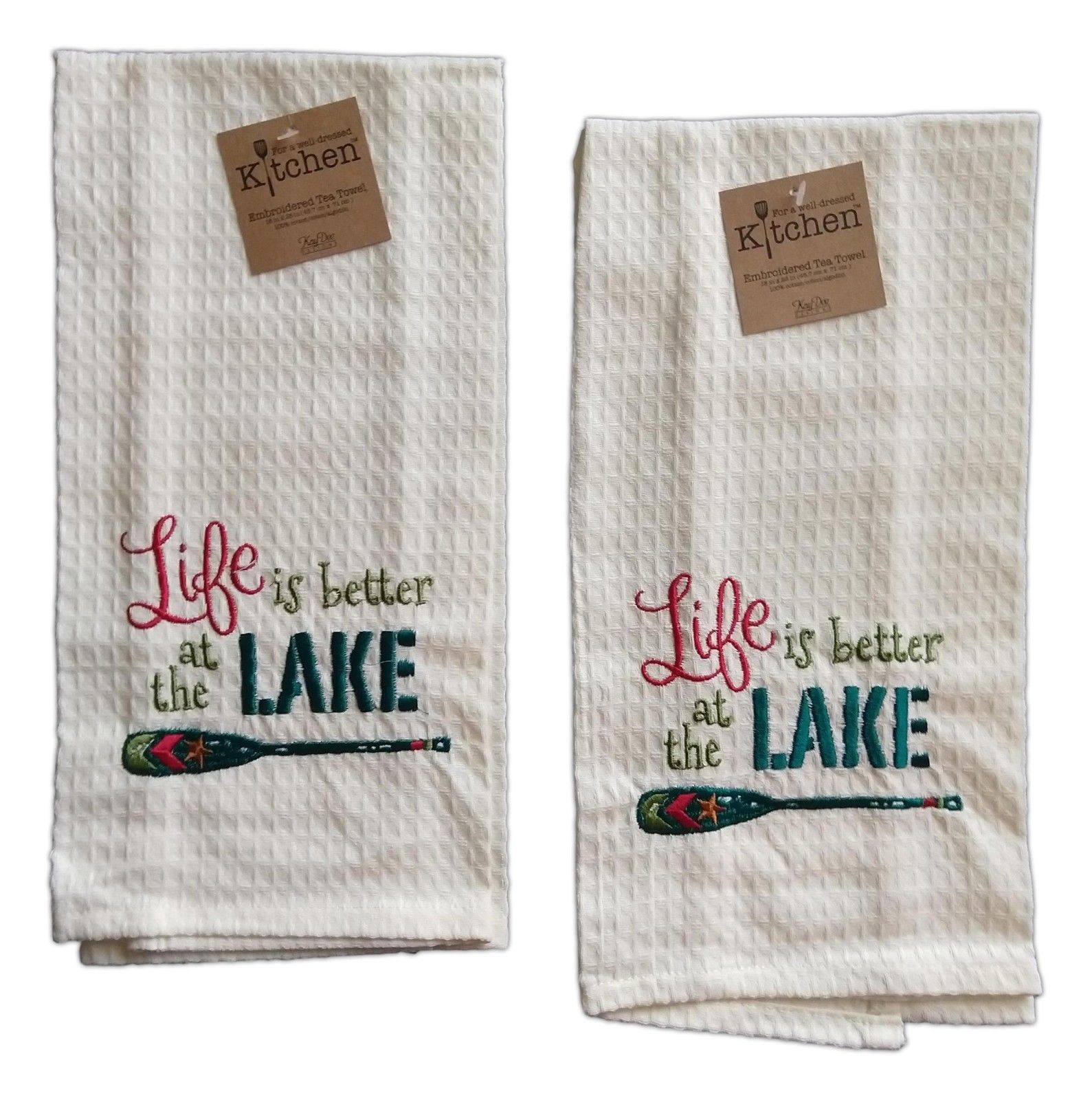 Set of 2 LIFE IS BETTER AT THE LAKE Embroidered Waffle Weave Towels by