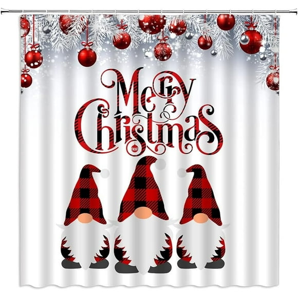 Rideau de Douche Gnome de Noël Mignon Gnome Folklore de Noël Elfes Rouge Noir Plaid Buffalo Pin Brindille Boules Joyeuses Fêtes d'Hiver Décoration de Salle de Bain Rideau en Tissu avec Crochets