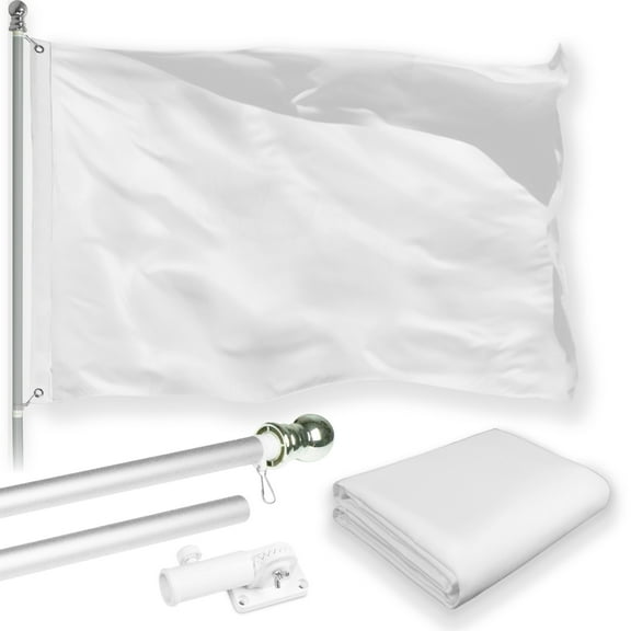 G128 Combo Pack: 6 Feet Tangle Free Spinning Flagpole (Silver) Solid White Flag 3x5 ft Printed 150D Brass Grommets (Flag Included) Aluminum Flag Pole