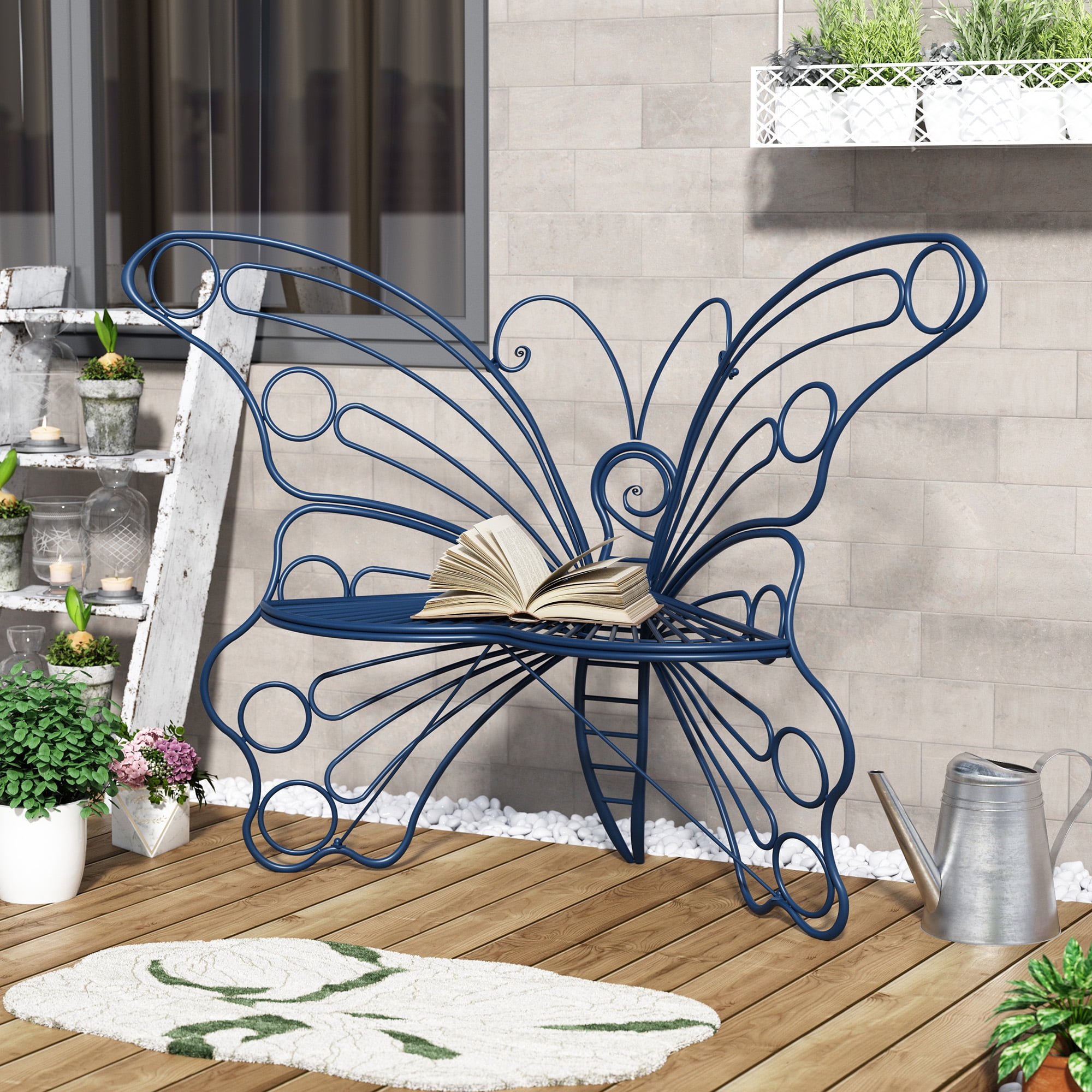 Free Shipping HLR Outdoor Bench with Butterfly Inspired Pattern 50 Metal Frame Patio Garden Bench Cast Iron Walmart
