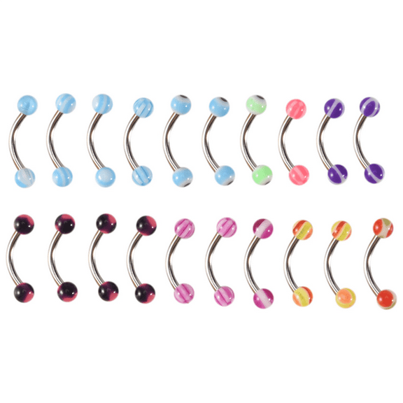 20pcs Colorful Stainless Steel Ball Barbell Curved Eyebrow Rings Bars Tragus Piercing