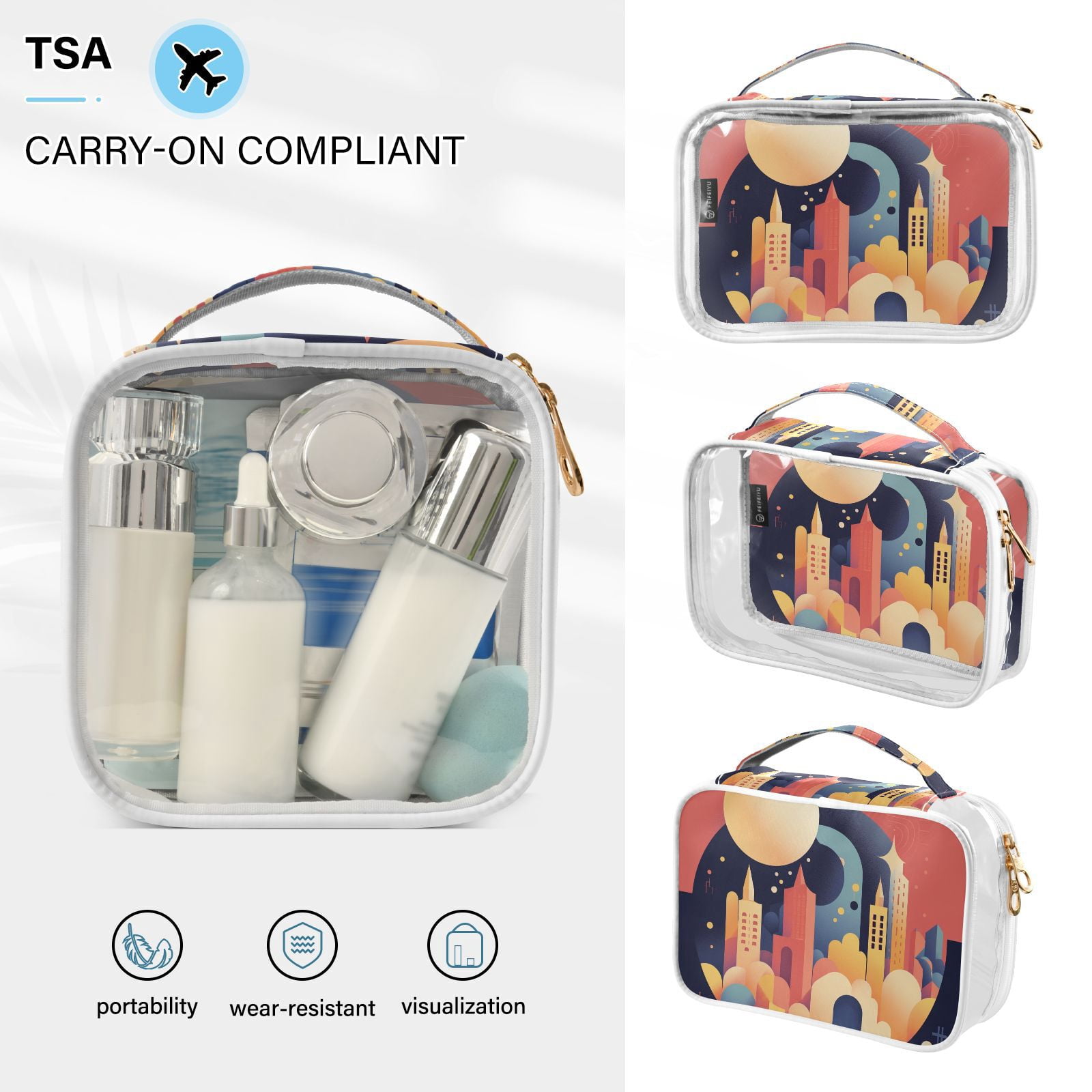 Clear Makeup Bags with Handle Large Opening 2 Pack Set Toiletry Bag Quart Size Bag, for Women Man Traveling Travel Essentials, Toiletries and Other. City Illustration