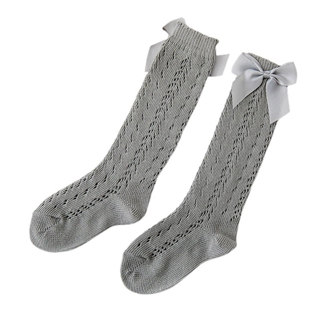 Faithtur Toddler Girls Summer Mesh Socks Solid Color Mid Tube Breathable Hollow Bows Princess Socks