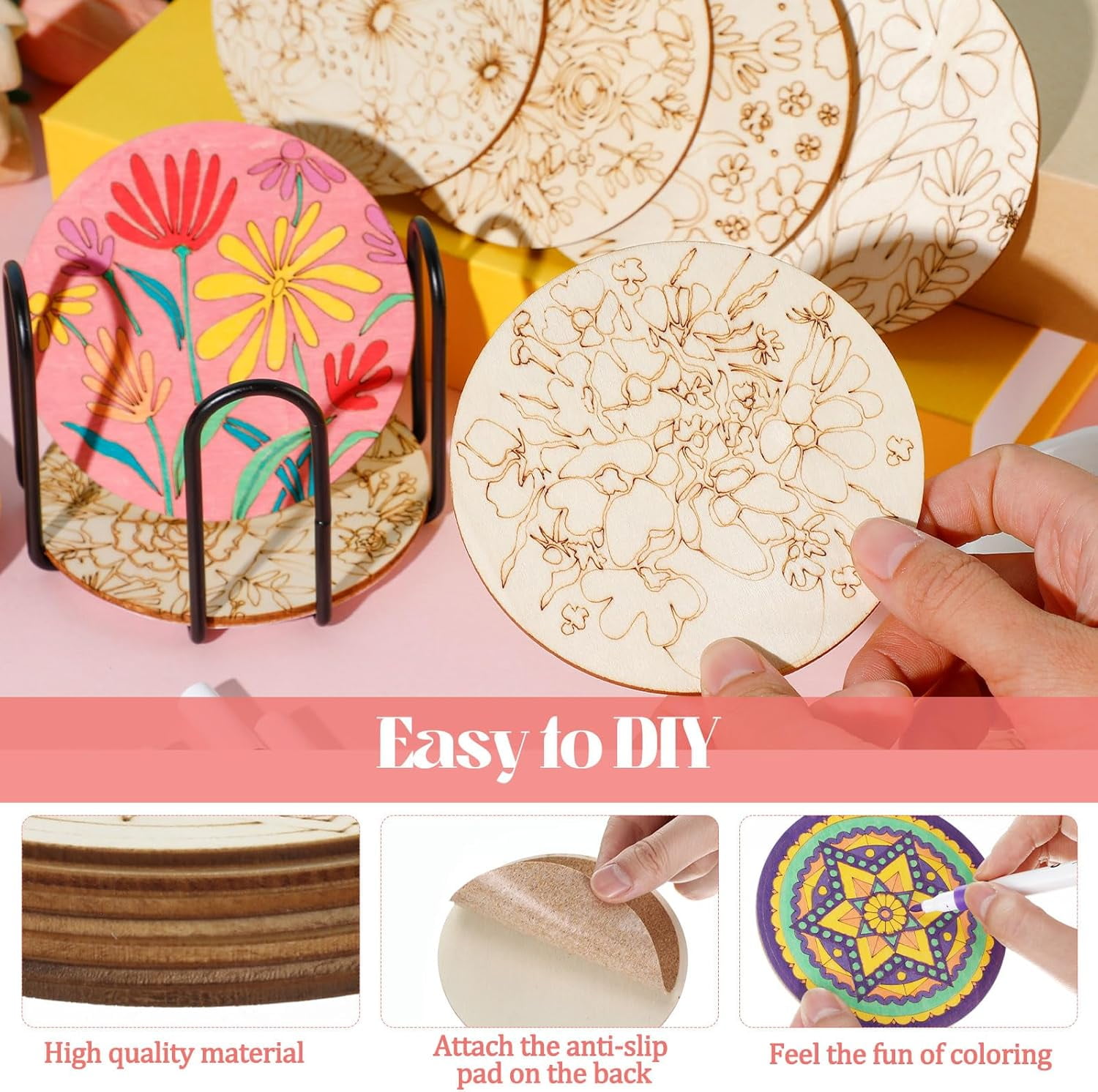 45 Pcs Flower Wooden Coasters Painting Kit, 4 Inch Paint Your Own Boho Coasters with Markers, Arts and Crafts for ults Women Seniors Elderly Crafters Gifts