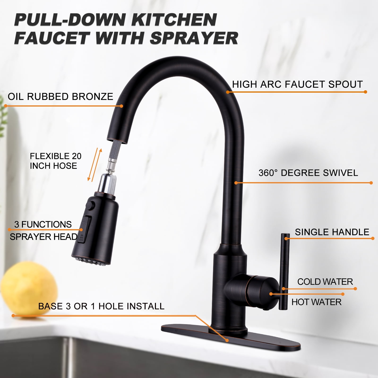 WOWOW Single Handle Kitchen Sink Faucet Oil Rubbed Bronze Kitchen Faucet with Pull Down Sprayer