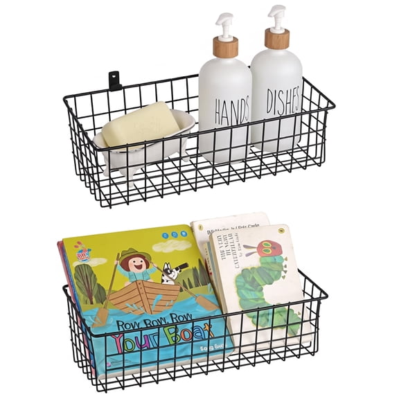Wall Hanging Baskets 2 Pack, Extra Large Diversified Wire Basket Shelves , with Wall Mounted Hooks & Traceless Stickers, for Kitchen Coffee Bar Office Room Garage Storage Organization