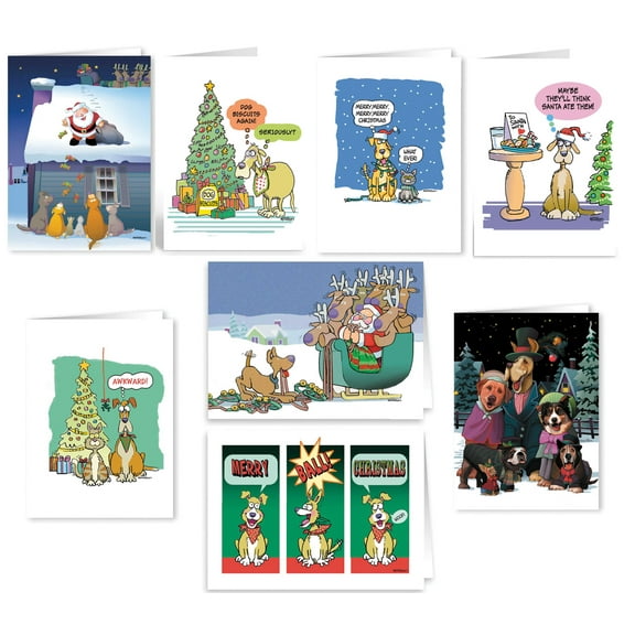 Funny Dog Christmas Cards - 16 Boxed Funny Dog Cards and Envelopes - 8 Different