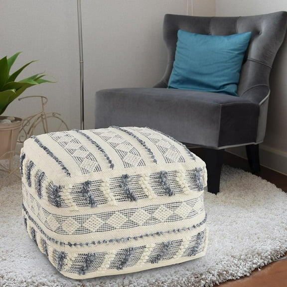LR Home Small Over-tufted Striped Indoor Square Pouf, Navy/Ivory, 18" x 18" x 14"
