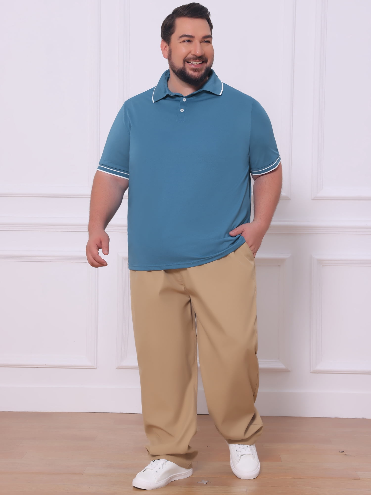 DARING DIVA Men's Big Tall Contrast Trim Short Sleeve Work Office Golf Shirts 6XL Blue