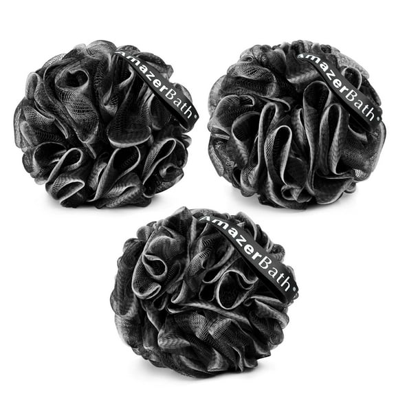 AmazerBath Loofah Sponge, 3 Pack Shower Loofah for Men and Women, Body Scrubber Loofa Set of 3 Classic Black & White Edge, Bath Sponge 60g/PCS