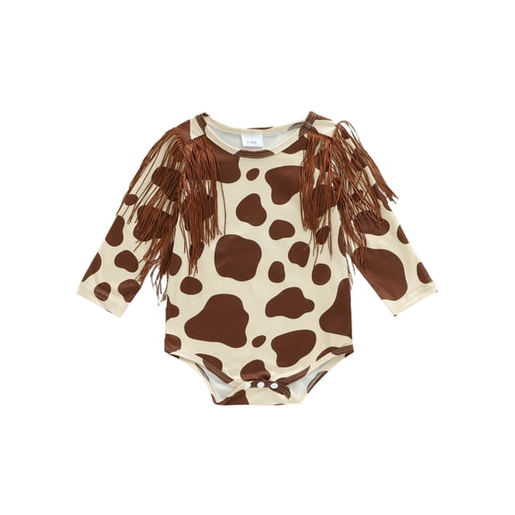 BemeyourBBs Western Baby Girls Clothes Newborn Baby Girls Cowgirl Outfit Fringe Bubble Rompers Cute Long Sleeve Cow Skin Print Tassel Bodysuit Playsuit