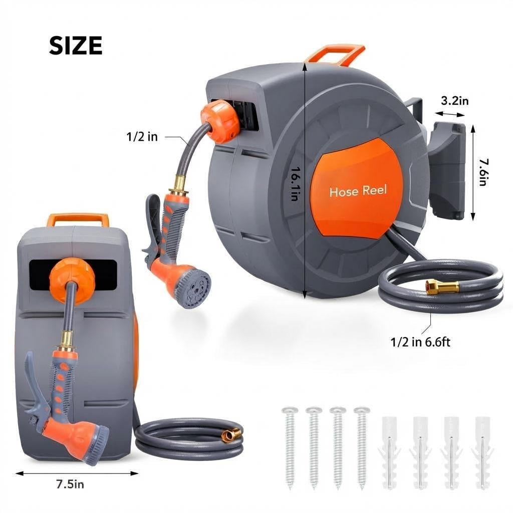 AIKKYS 100ft Retractable Garden Hose Reel with Auto Rewind,180° Swivel Bracket & 9-Pattern Nozzles,Any Length Lock Wall-Mounted Water Hose Reel