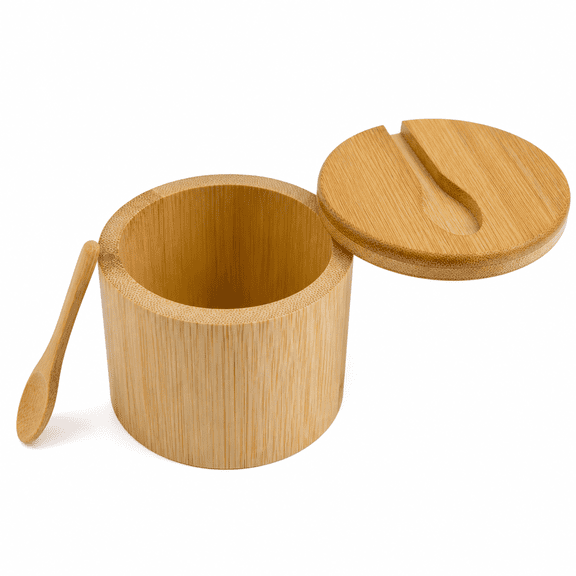 Salt Cellar with Mini Spoon - Round Salt Container with Swivel Magnetic Closure Lid for Convenient Storage of Various Salts and Spices, Bamboo