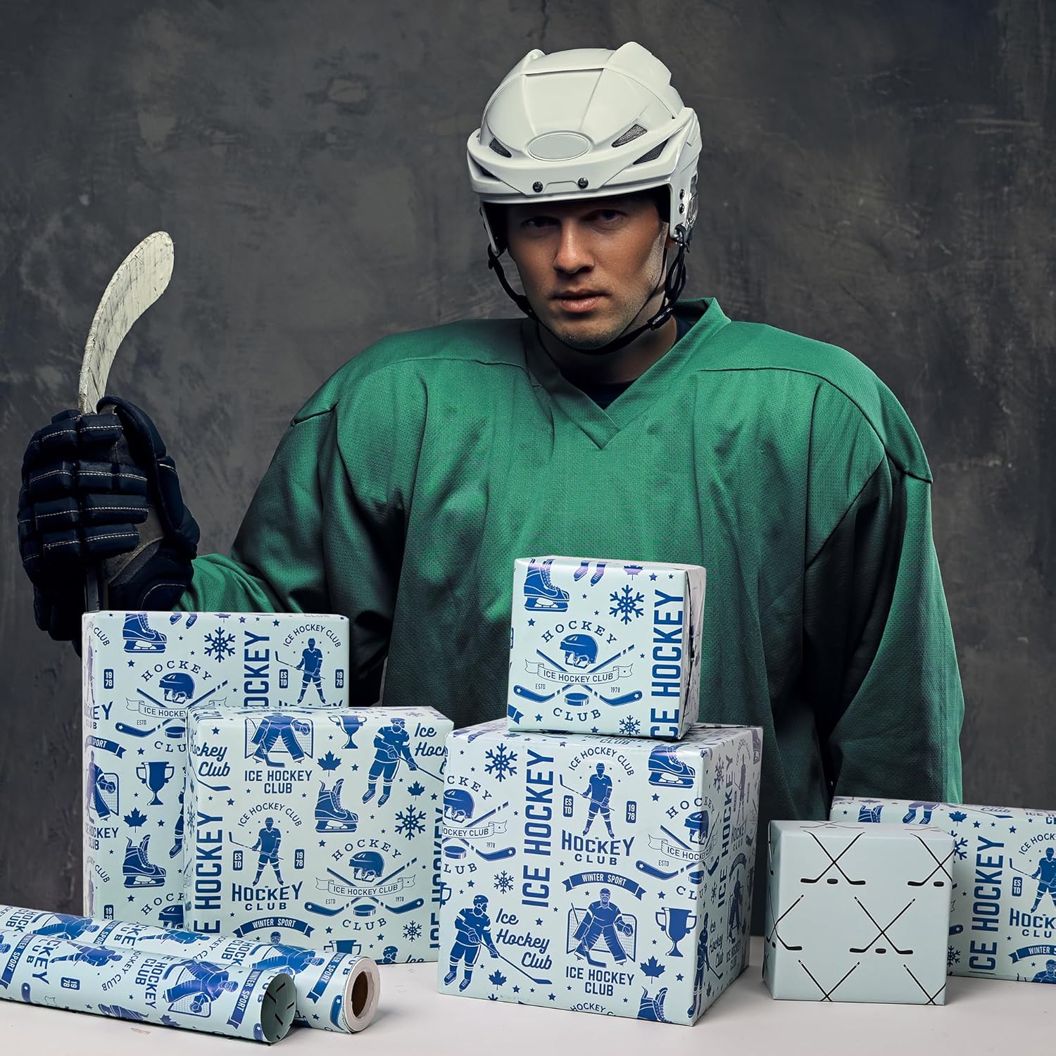 Reversible Ice Hockey Wrapping Paper Roll Blue Hockey Sports Gift Wrap Sheets for Girls Boys Men Women Birthday Holiday Party - Total 28.5sq.ft