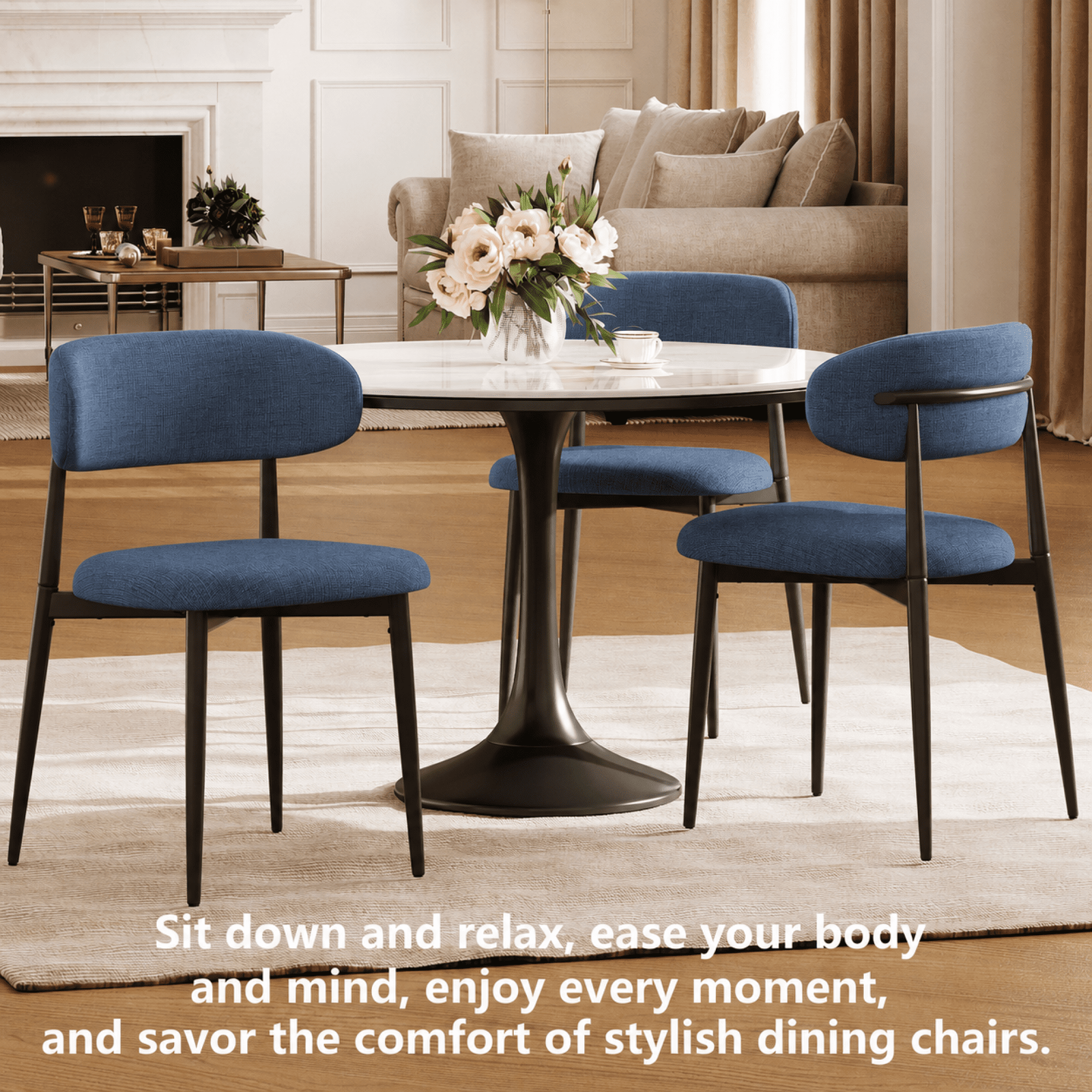 Leumius Dining Chairs Set of 2,Upholstered Dining Chairs with Curved Backrest, Modern Kitchen & Dining Room Chairs with Metal Leg for Dining Room, Restaurant,Black+Navy