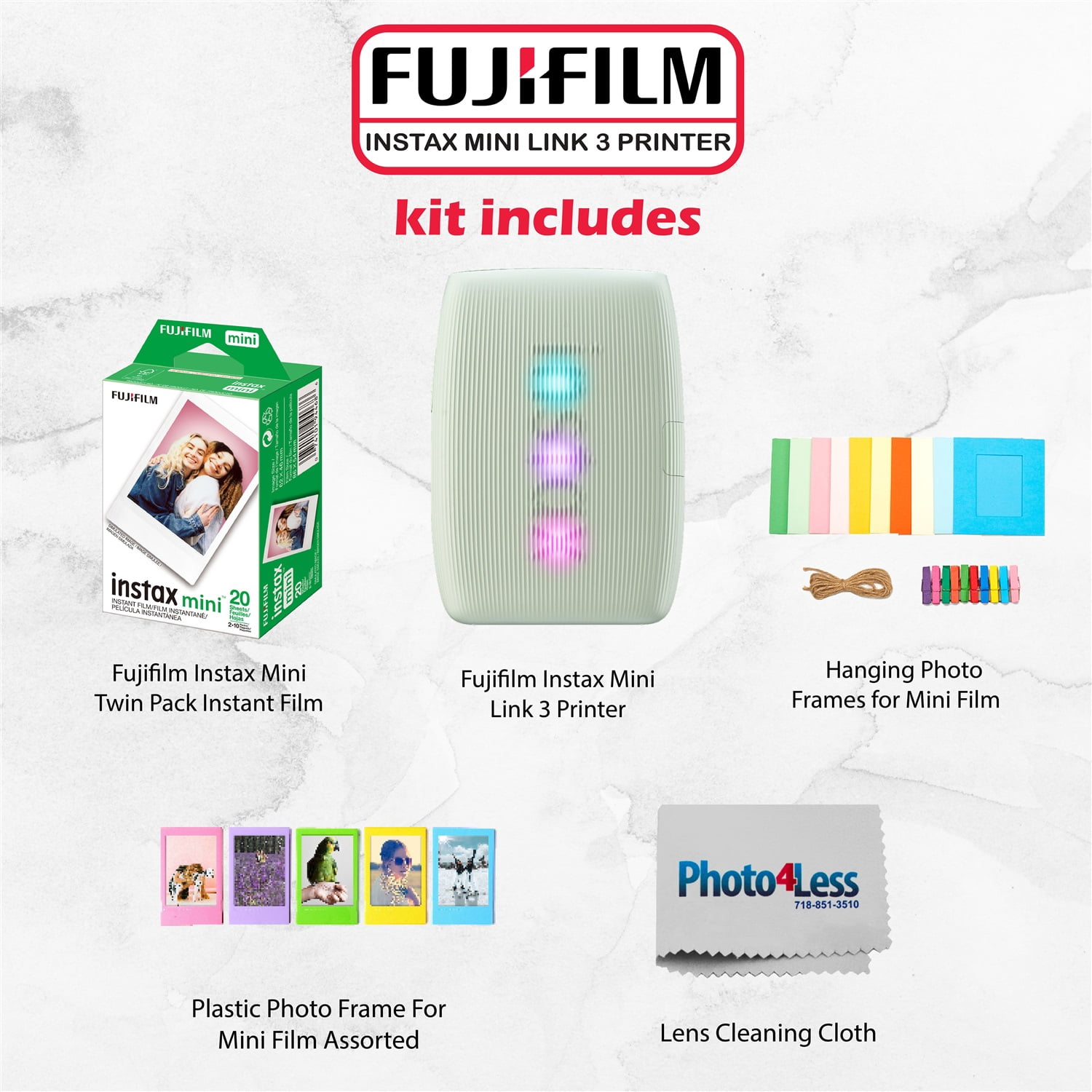 FUJIFILM INSTAX MINI LINK 3 Smartphone Printer (Sage Green)Bundle with Fujifilm Instax Mini film (20 sheets), Hanging Photo Frames, Table top Photo Frame For Mini Film