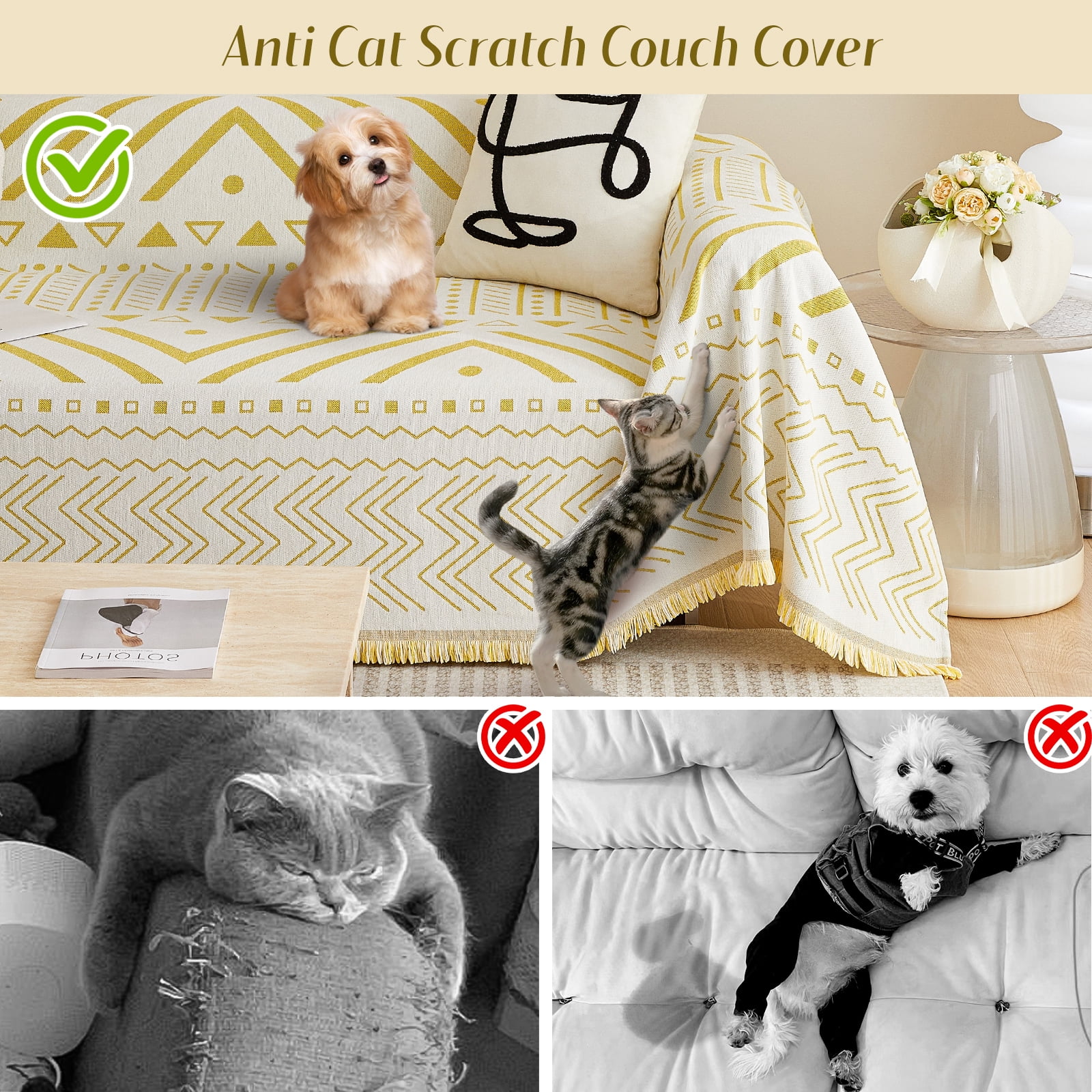 WOOW DEPOT Boho Chenille Sofa Cover Reversible w/ Tassel, Washable Throw Blanket L Shape Slipcover for 2 Cushion Couch, Mustard Yellow & White Geometric, 71"x118"