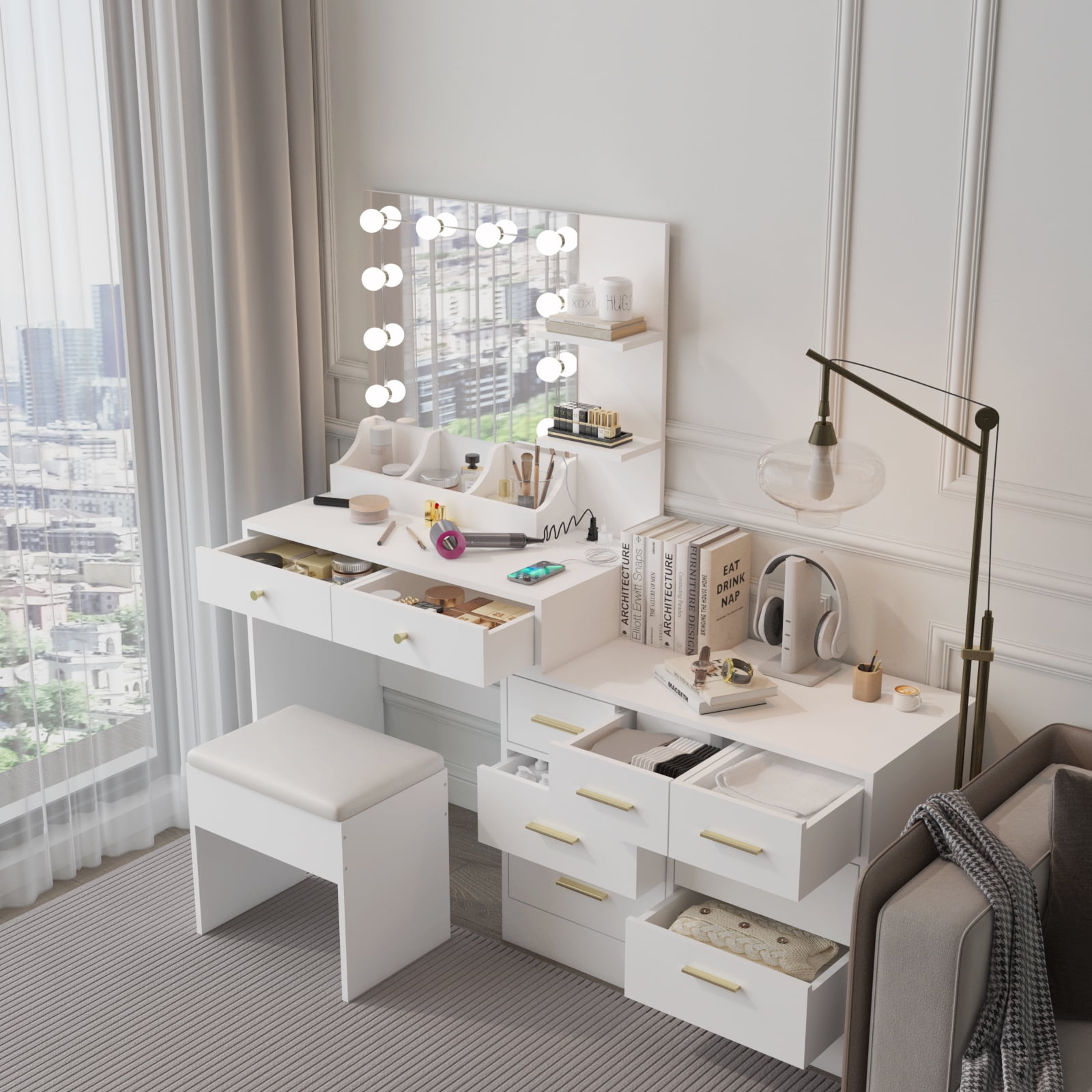Ktaxon Makeup Vanity with 9 Drawers&USB Charging Station, Vanity Desk with 3 Color Light, Vanity Table Set w/ 9 Drawer Dresser, White