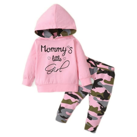 

Kucnuzki 9 Months Baby Girl Fall-Winter Outfits Pants Sets 12 Months Long Sleeve Mommy’s Little Girl Prints Sweatshirt Hooded Tops Elastic Camouflage Pants 2PCS Set Pink