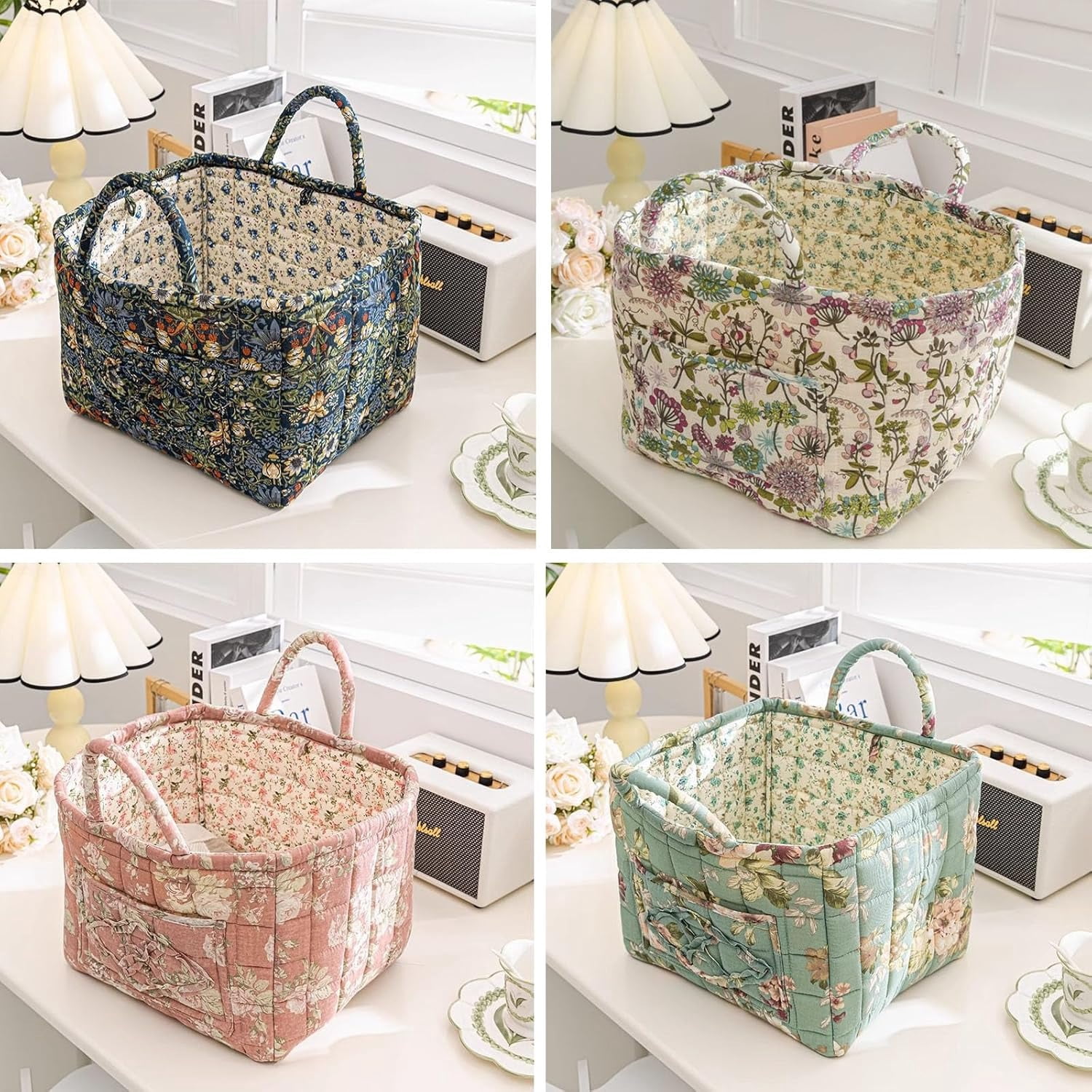 Boho Fabric Storage Basket, Large Capacity Fabric Storage Basket, Boho Floral Laundry Baskets for Storage, Collapsible Laundry Hamper with Easy Carry Handles for Clothes Sundries Toys (D)