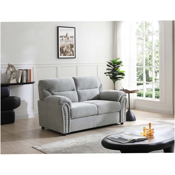 Gray Upholstered Loveseat Sofa with Nailhead Trim, Plush Chenille Fabric and Removable Back for Easy Moving