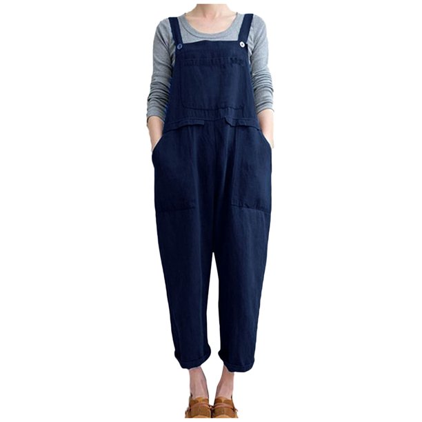 Gibobby pantalones siameses Mono informal con botones para mujer, mono largo con tirantes, mono con bolsillo sólido para mujer(Azul, L)