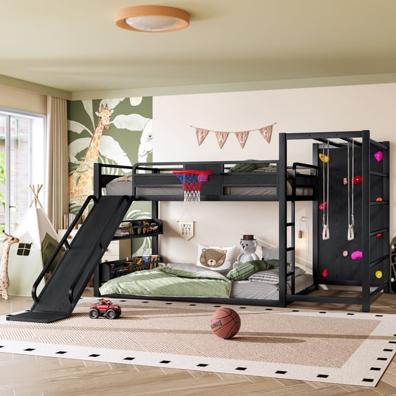 Full Size Loft Bed with Basketball Hoop, Pull-up Rings and Climbing Wall, Metal Loft Bedframe with Bulit-in Bookshelves, Kids Playhouse Bed with Slide for Boys Girls