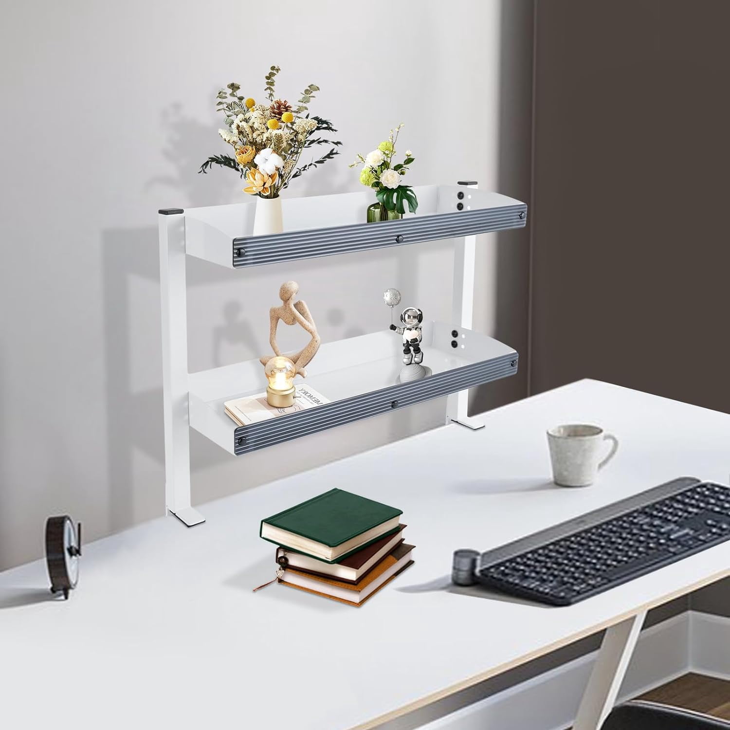 Clamp-on Desk Shelf, 2-Tier Carbon Steel Plastic Panel Clip-on Desk Organizer, Office Modern Countertop Shelf, Bedroom Living Room Thickness 1.7in Clamp-on Desk Shelf (White) MK3131-A1