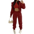 thumbnail image 1 of Daeful Ladies 3 Pieces Outfit Hoodies Tracksuit Sets Sports Solid Color Loose Fit Jogger Set Wine Red L, 1 of 2